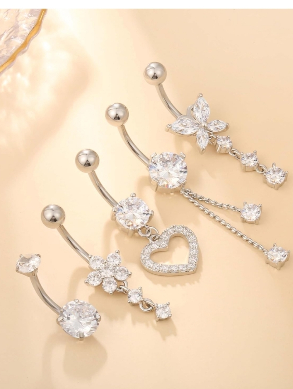 Silver Crystal Dangle Belly Button Ring - Heart & Floral Set